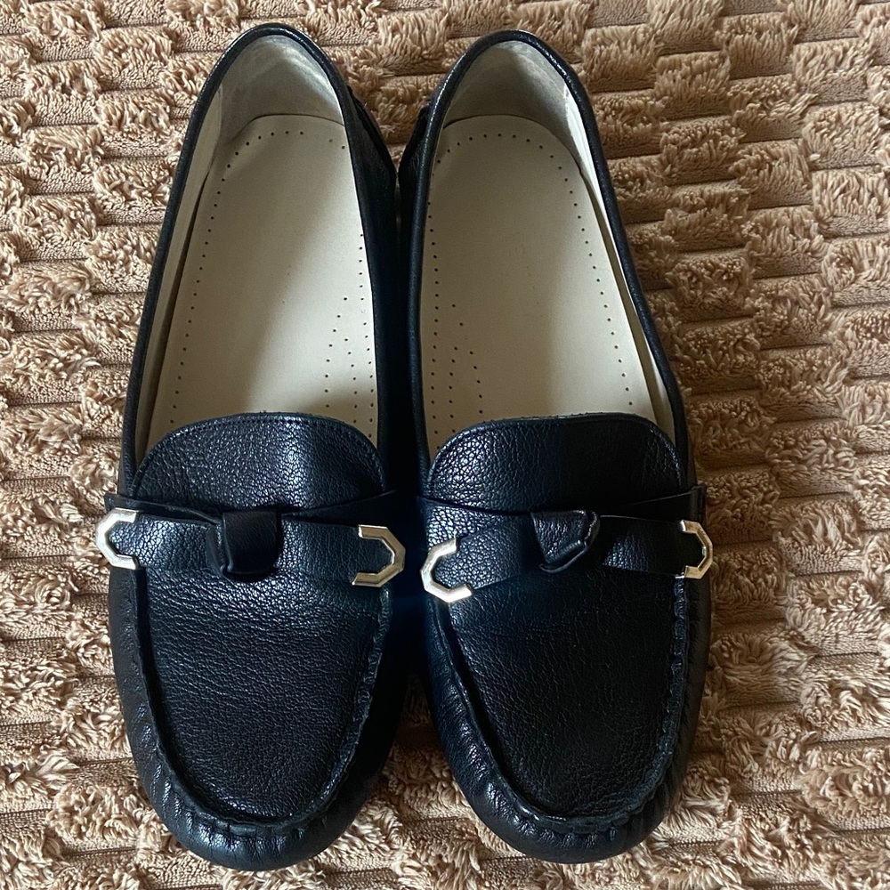 Cole Haan Black Leather Loafers with Gold Accents